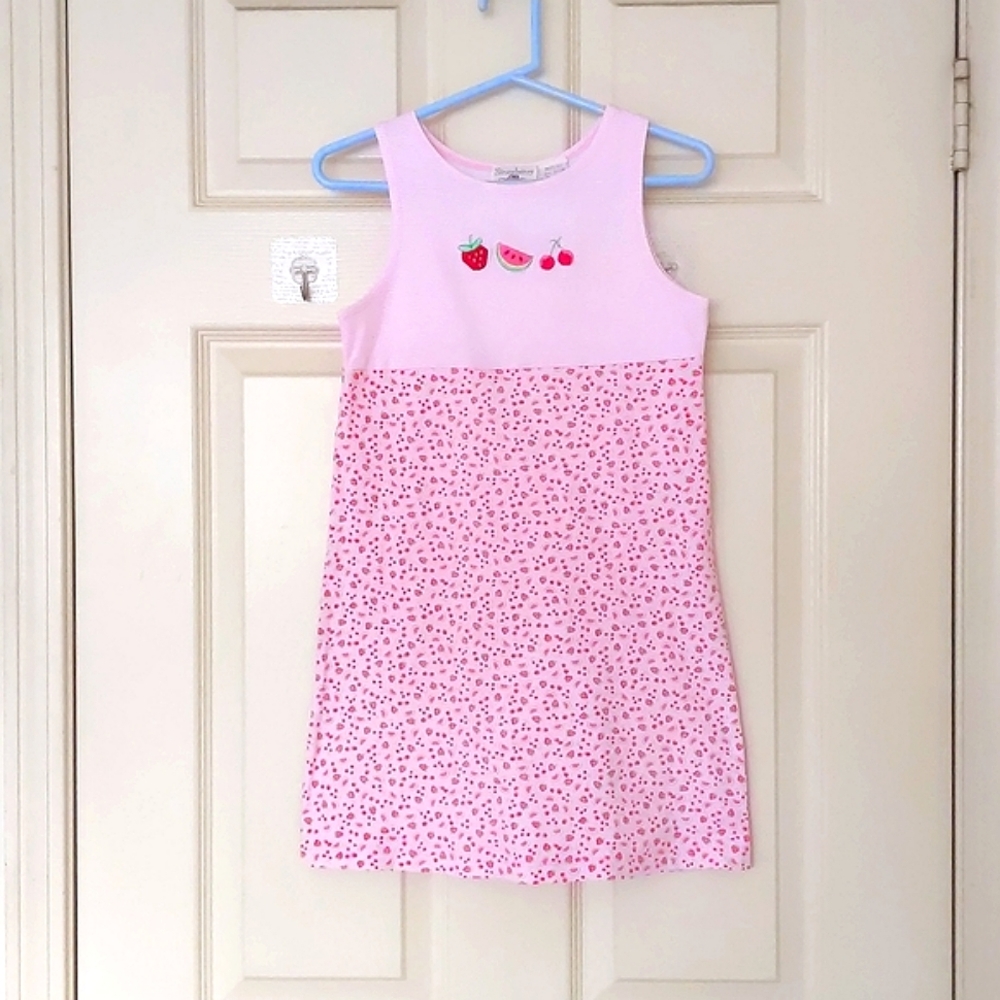 Cotton Spandex Sleeveless Dress w/embroidered strawberry, watermelon and cherry.